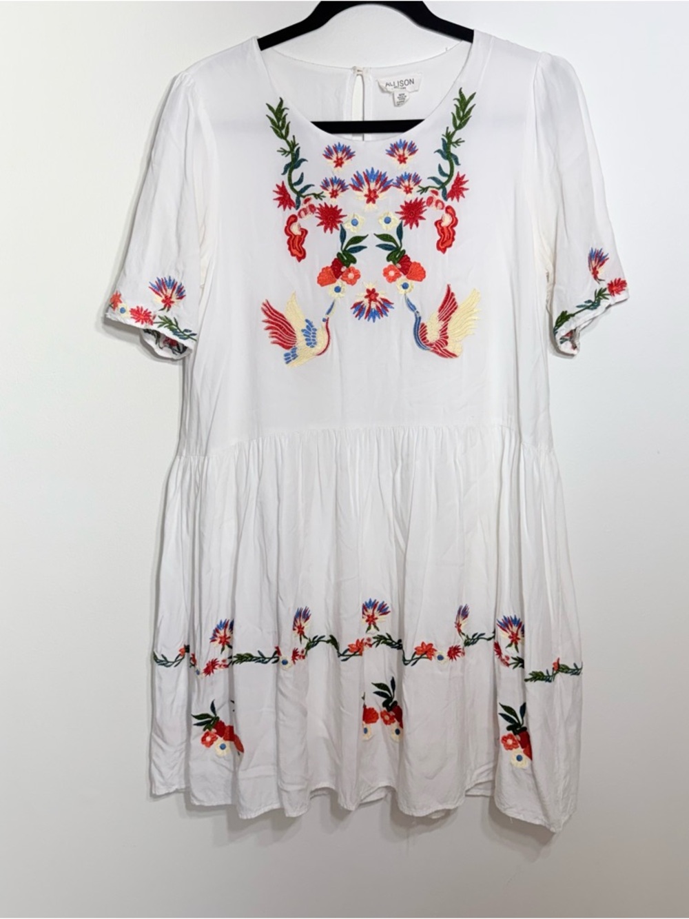 Anthropologie Allison NY Embroidered Bird Floral White Boho Dress M Mini Tiered